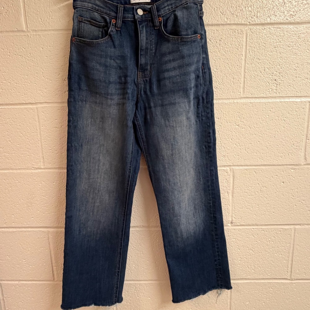 DU/ER Womens Performance High Rise Straight Leg Jeans 24 Whiskering Raw Hem